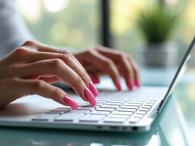 Fingers typing on a high-end laptop with perfect acrylic nails