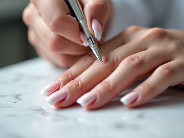 Technician applying final top coat in a clean luxury salon setting