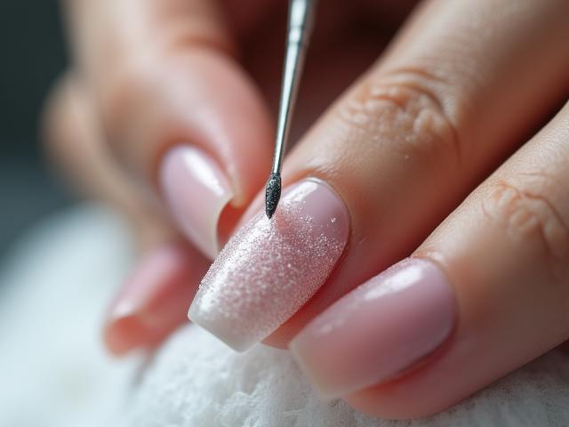 Close up of a technician carefully sculpting an acrylic nail