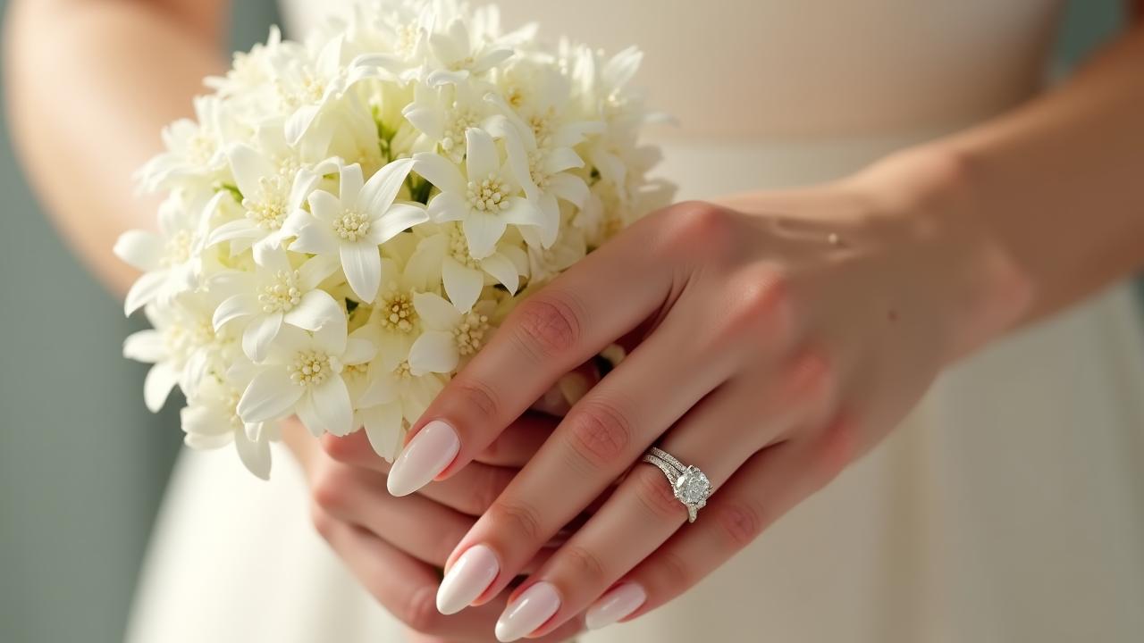 Elegant bridal hands holding a white bouquet with custom pearl-encrusted nails