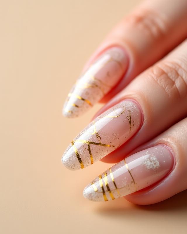 Intricate gold leaf nail art