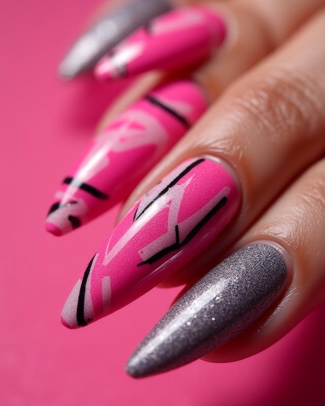Abstract geometric pink and gold nail art