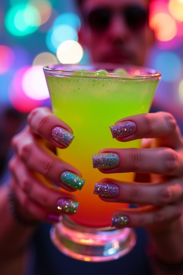 Bold glitter and neon festival nail art