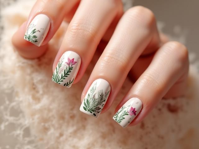 Delicate hand-painted botanical nail art