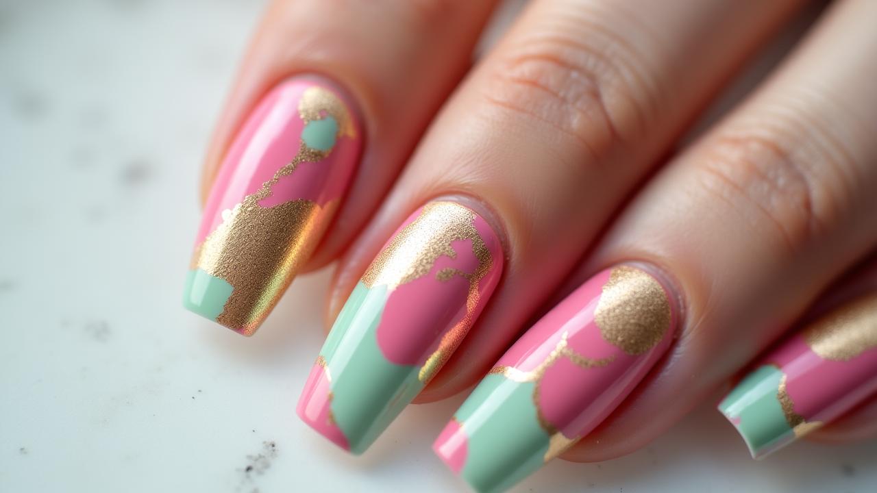 Stunning custom nail art macro photography featuring vibrant pink and mint green abstract patterns