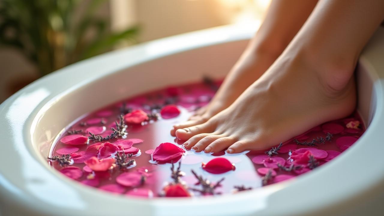 Relaxing foot soak with lavender and rose petals in a luxury San Francisco salon