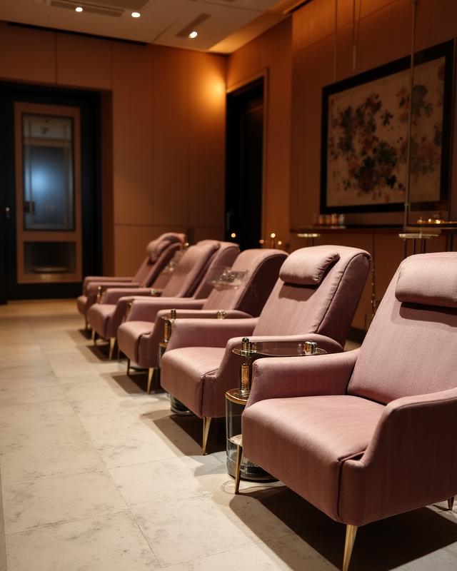 Luxury pedicure treatment zone with plush chairs and warm lighting at Gear & Glam Nails